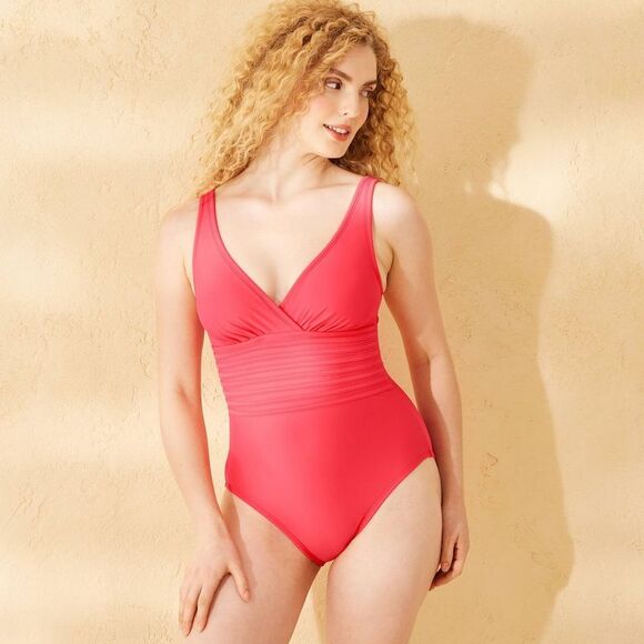 Shade & Shore Other - Shade & Shore - Women's Waist Detail Surplice Full Coverage One Pi Red